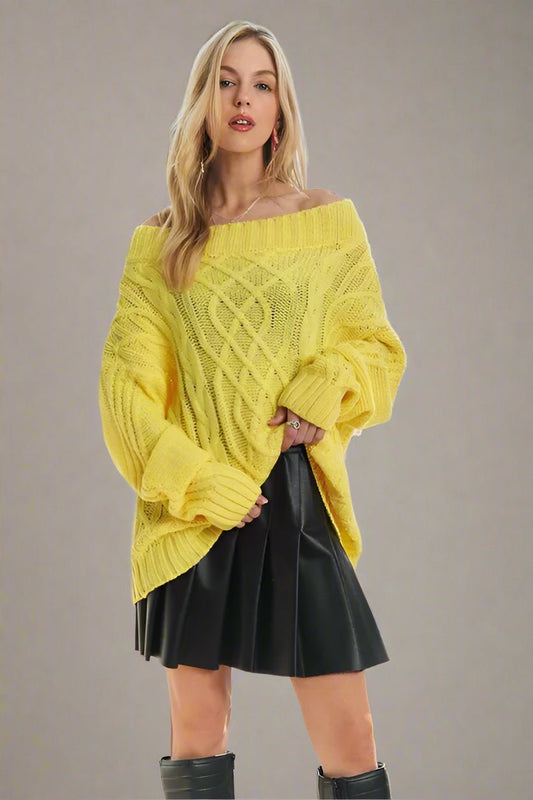 ADORA - Off Shoulder Cable Knit Sweater in Bright Lemon Yellow