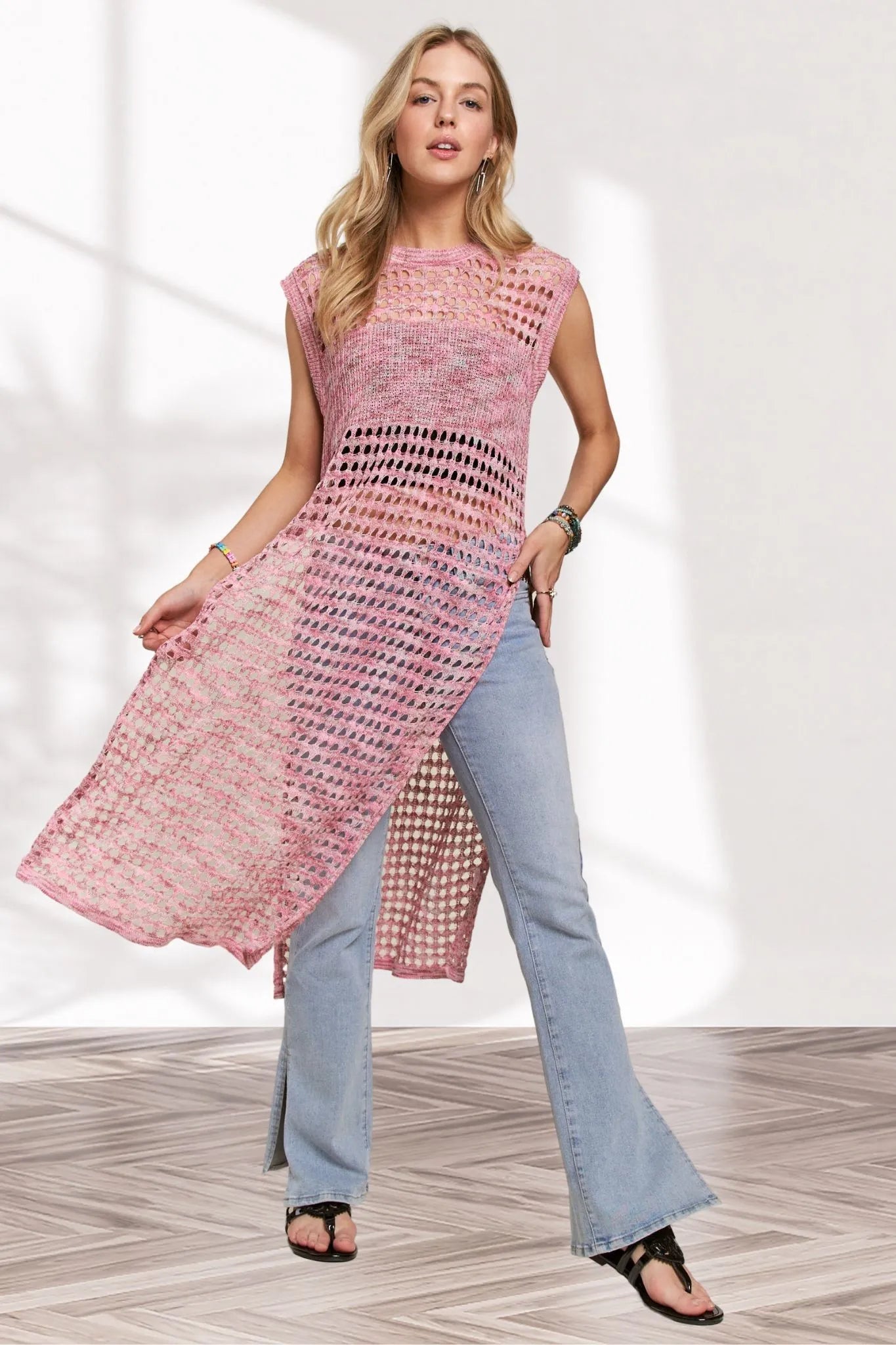 ADORA - Open Knit Midi Cover Up in Pink Mix