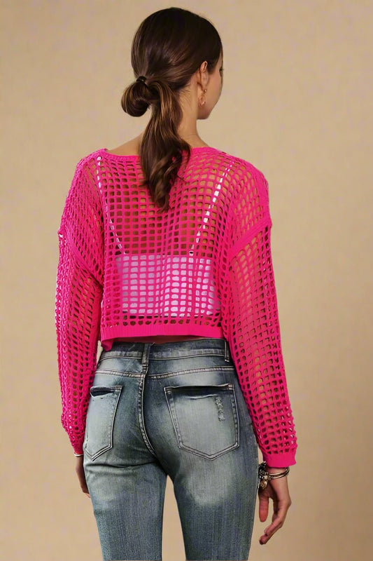 ADORA - Open - Weave Mesh Cropped Sweater in Neon Fuchsia