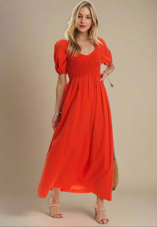 ADORA - Orange - Red Smocked Puff Sleeve Midi Dress