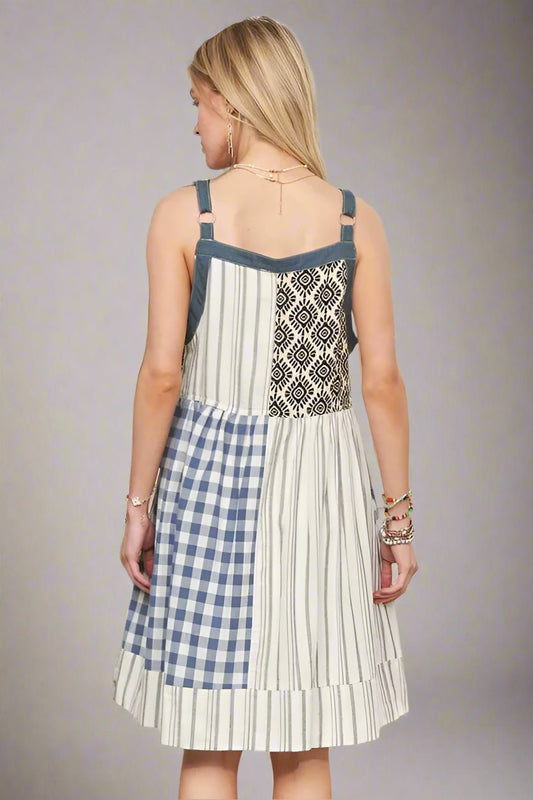 ADORA - Patchwork Button Front Mini Dress – Denim & Navy