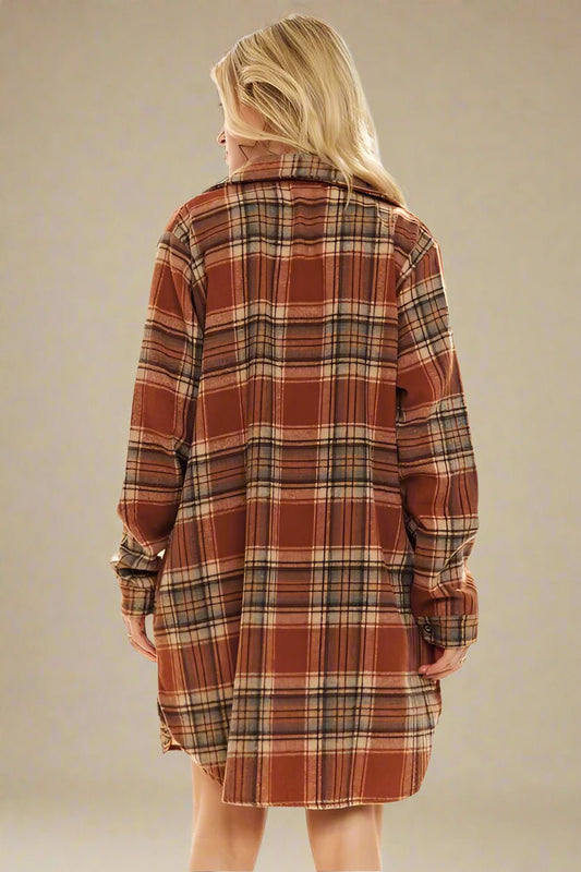 ADORA - Plaid Button Down Shacket in Cinnamon Rust