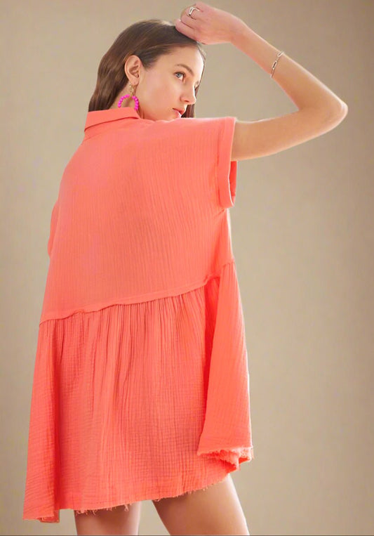 ADORA - Raw Hem Short Sleeve Shirt in Coral