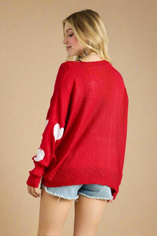 ADORA - Red & White Heart Print Slouchy Sweater