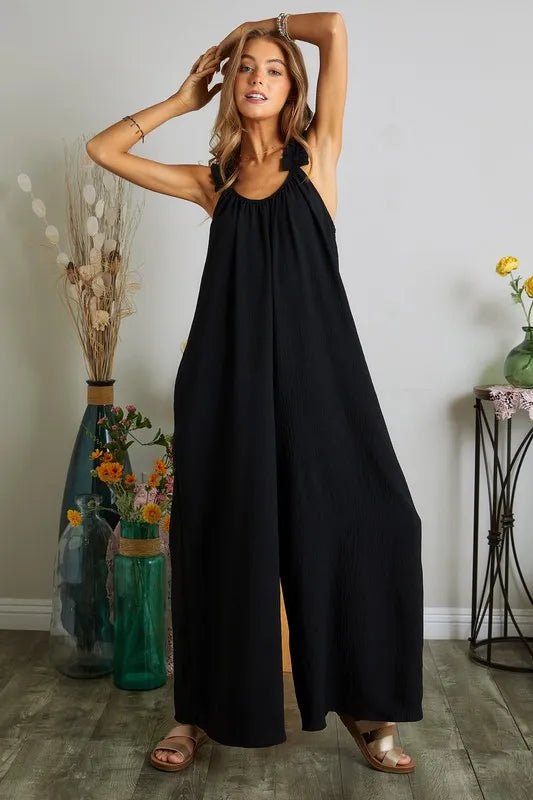 ADORA - Ruffle Strap Wide Leg Jumpsuit in Black Charcoal