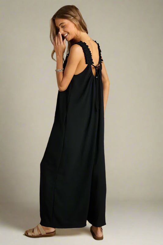ADORA - Ruffle Strap Wide Leg Jumpsuit in Black Charcoal