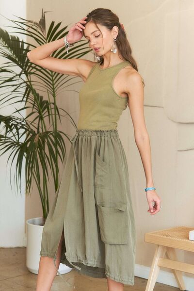 ADORA - Sleeveless Vintage Wash Midi Dress in Light Olive