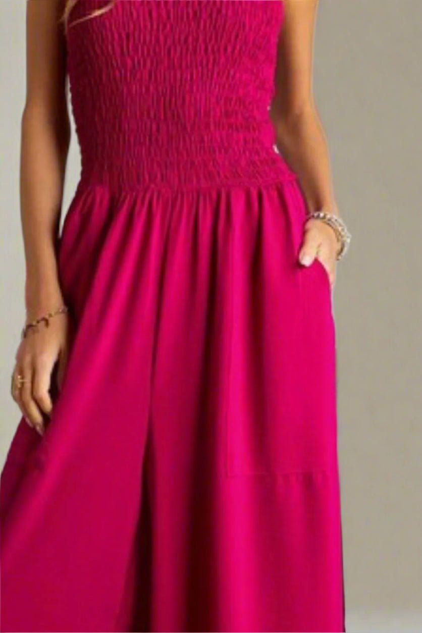 ADORA - Smocked Bodice Wide Leg Jumpsuit in Berry Fuchsia