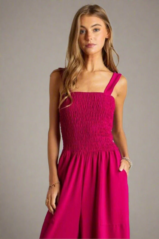 ADORA - Smocked Bodice Wide Leg Jumpsuit in Berry Fuchsia