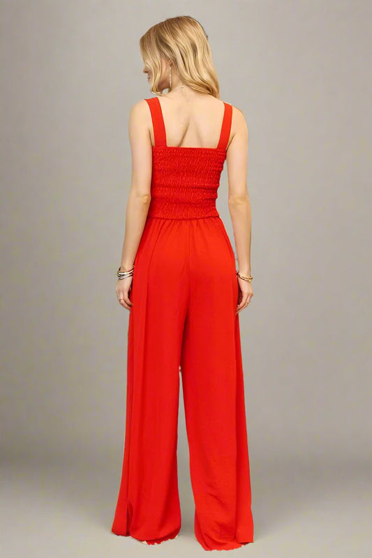 ADORA - Smocked Bodice Wide Leg Jumpsuit in Poppy Orange