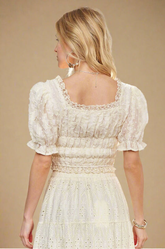 ADORA - Smocked Lace Trim Puff Sleeve Top in Ivory Cream