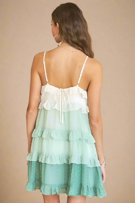 ADORA - Soft Green Swiss Dot Ruffled Tiered Mini Dress