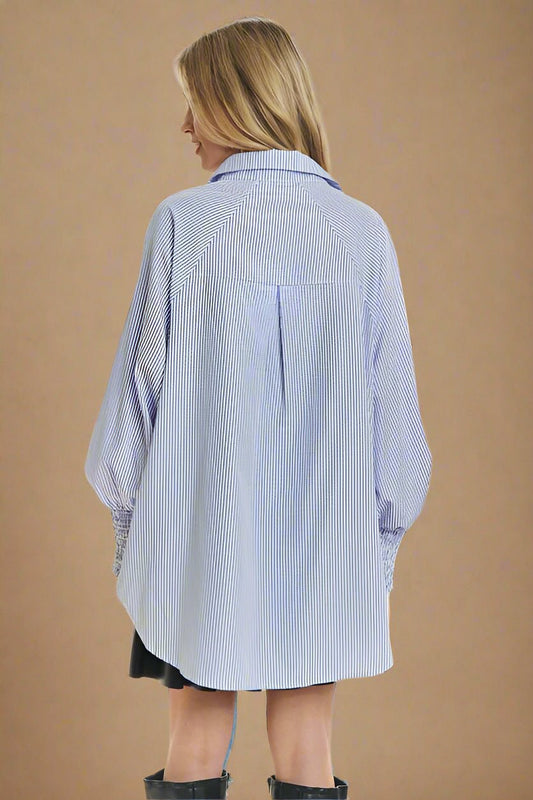 ADORA - Striped High - Low Hem Smocked Cuff Shirt in Chambray
