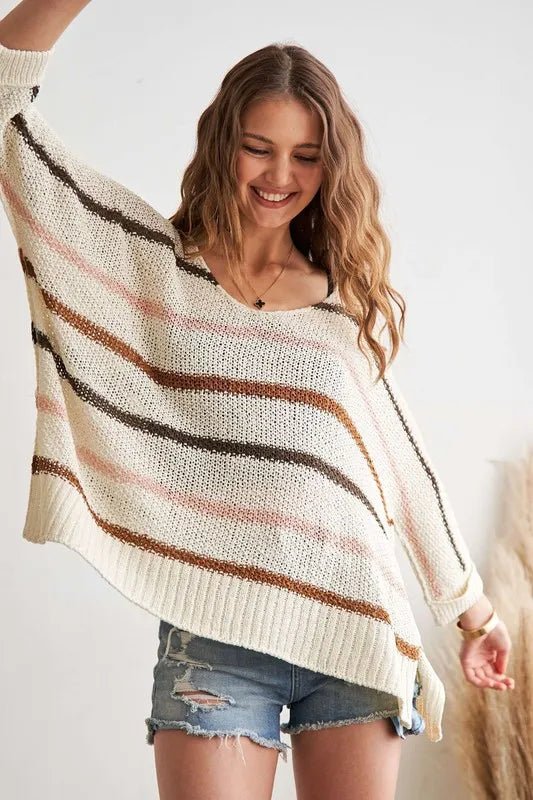 ADORA - Striped Lightweight Sweater in Ivory Mocha Mix