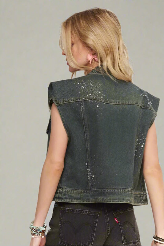 ADORA - Studded Washed Denim Vest in Faded Black