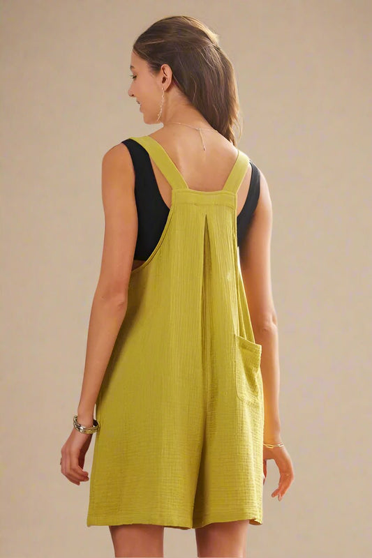 ADORA - Textured Button Strap Romper in Soft Chartreuse