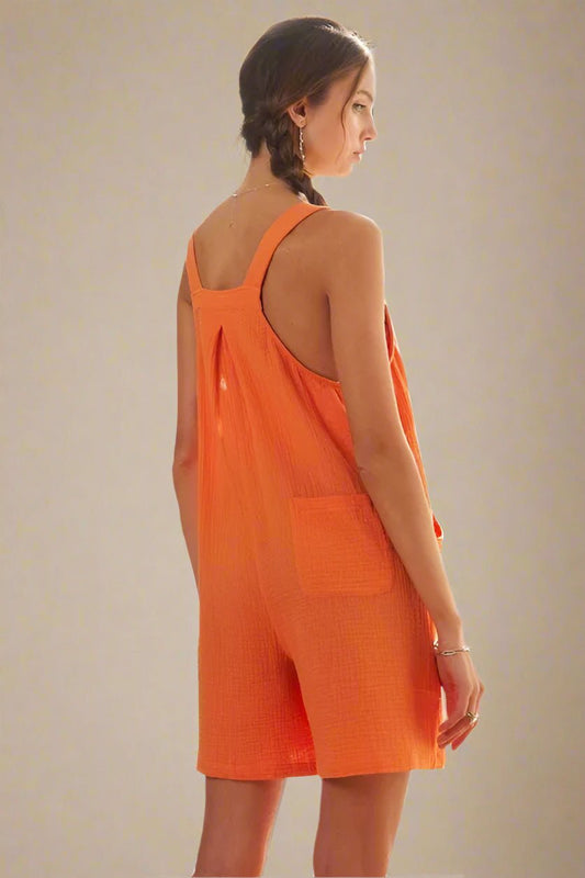 ADORA - Textured Cotton Gauze Romper in Poppy Orange