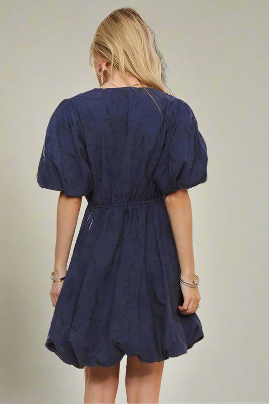ADORA - Textured Puff Sleeve Mini Dress – Navy