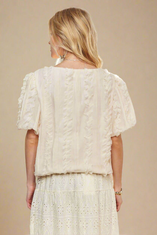 ADORA - Textured Ruffle Puff Sleeve Blouse in Ivory Cream