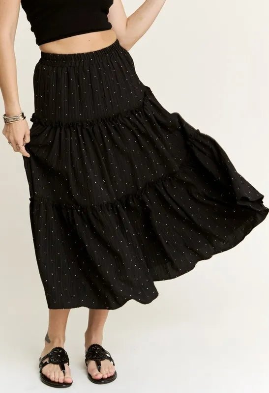 ADORA - Tiered Midi Skirt with Rhinestones in Black