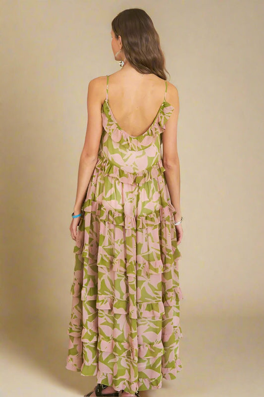 ADORA - Tiered Ruffles Maxi Sun Dress in Mauve & Sage