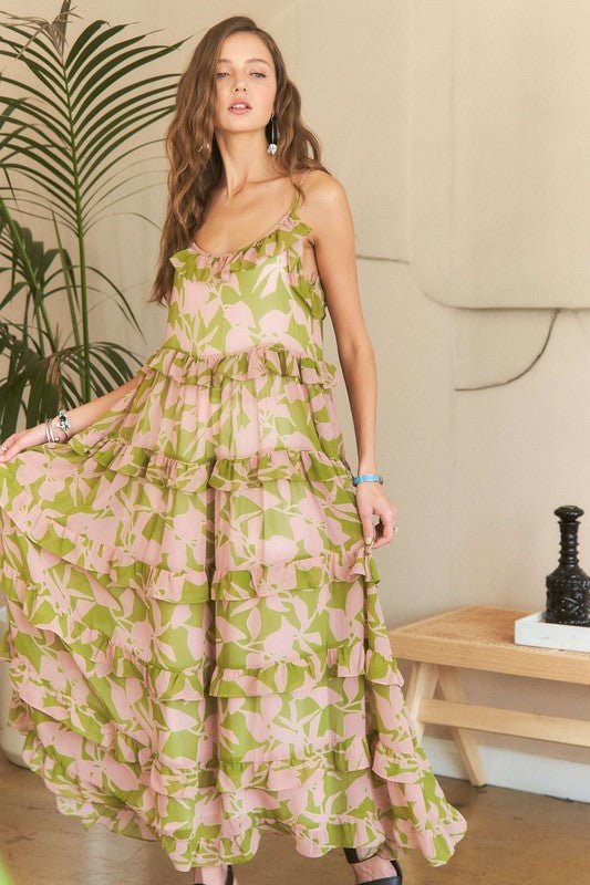 ADORA - Tiered Ruffles Maxi Sun Dress in Mauve & Sage