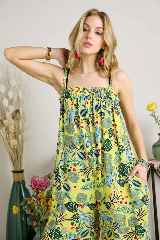ADORA - Tropical Print Wide Leg Jumpsuit in Citrus Yellow