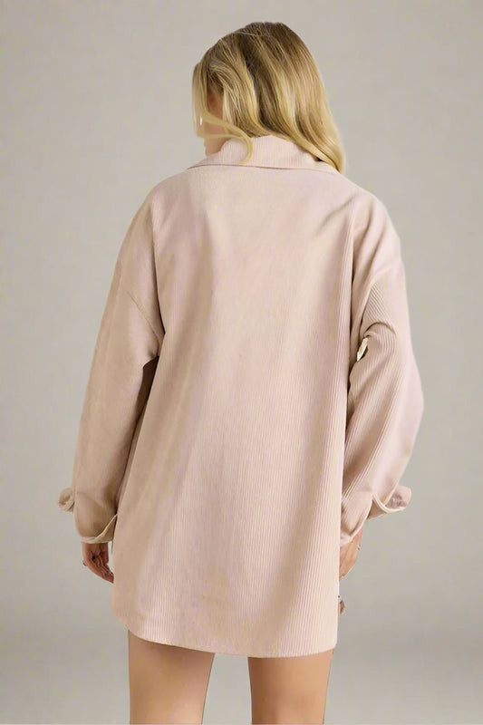 ADORA - Two - Tone Corduroy Button - Up Shacket in White & Blush Mocha