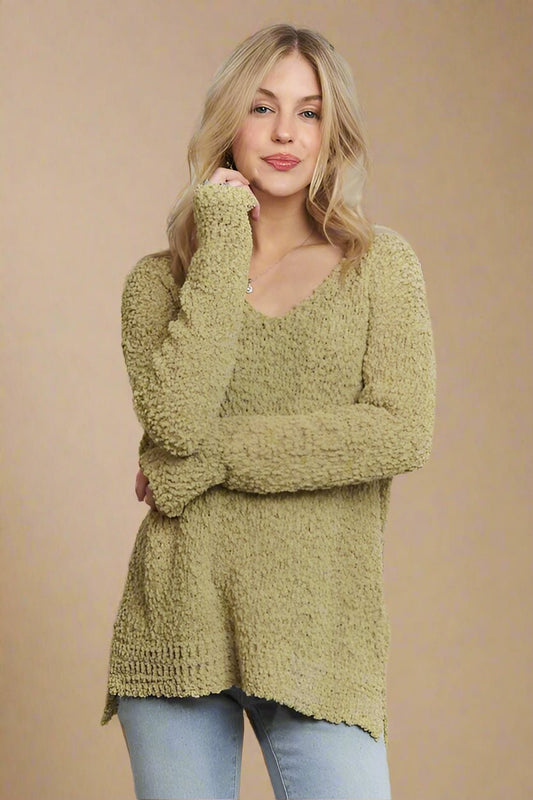 ADORA - Yellow - Green High - Low Hem V - Neck Tunic Sweater