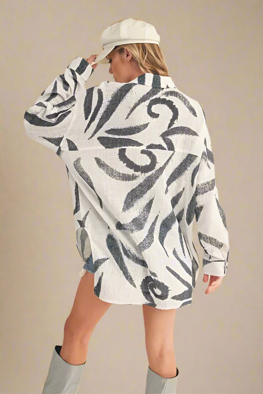 AEMI+CO - Black Brushstroke Button - Up Shirt in White