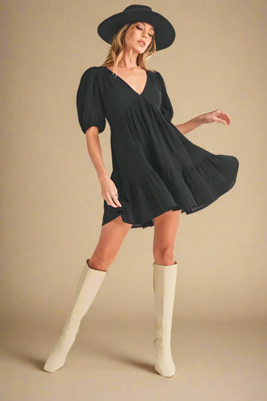 AEMI+CO - Black Puff Sleeve Babydoll Mini Dress