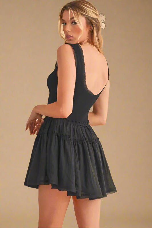 AEMI+CO - Black Ruffle Trim Mini Dress