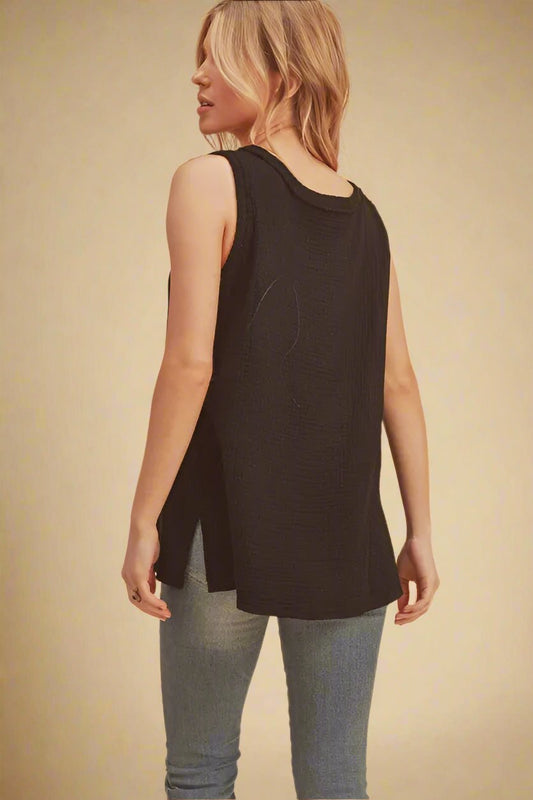 AEMI+CO - Black Textured V - Neck Tank Top