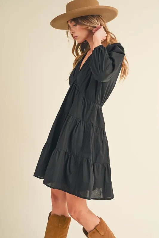 AEMI+CO - Black Tiered Poplin Mini Dress