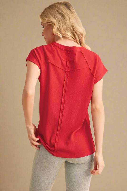 AEMI+CO - Bright Red Sculpted Seam Cap Sleeve Tee