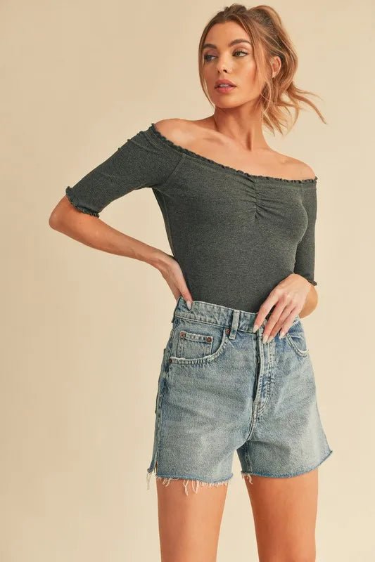 AEMI+CO - Charcoal Off Shoulder Ruched Top