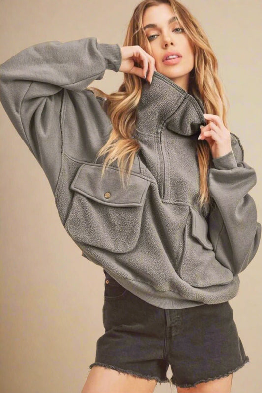 AEMI+CO - Charcoal Snap - Front Fleece Pullover