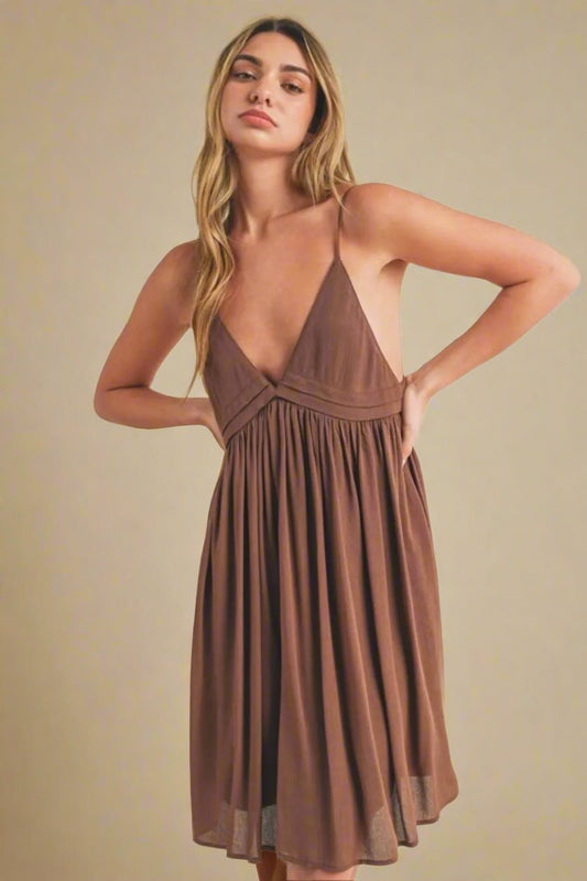 AEMI+CO - Cocoa V - Neck Babydoll Mini Dress