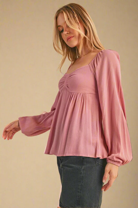 AEMI+CO - Dusty Rose Long Sleeve Babydoll Top