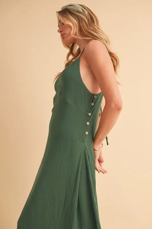 AEMI+CO - Forest Green Side Button Lace - Up Midi Dress
