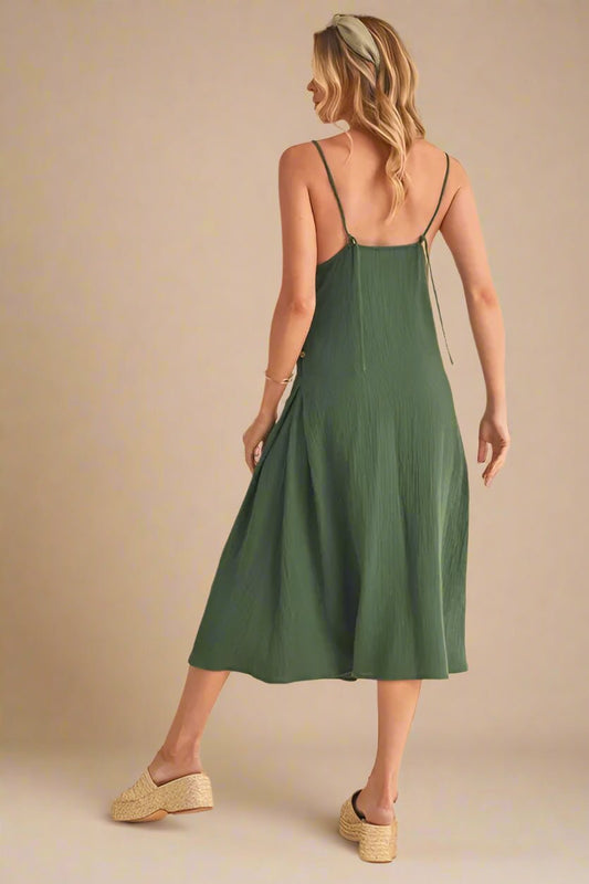 AEMI+CO - Forest Green Side Button Lace - Up Midi Dress