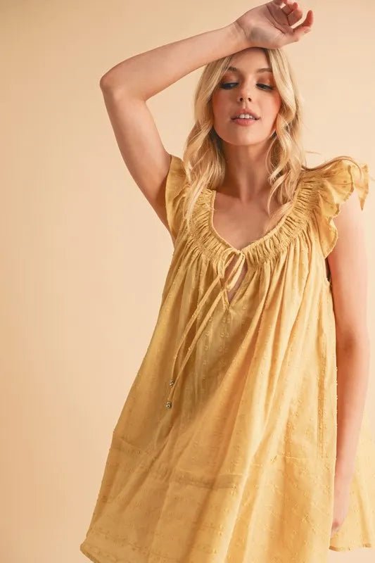 AEMI+CO - Goldenrod Eyelet Ruffle Sleeve Babydoll Mini Dress
