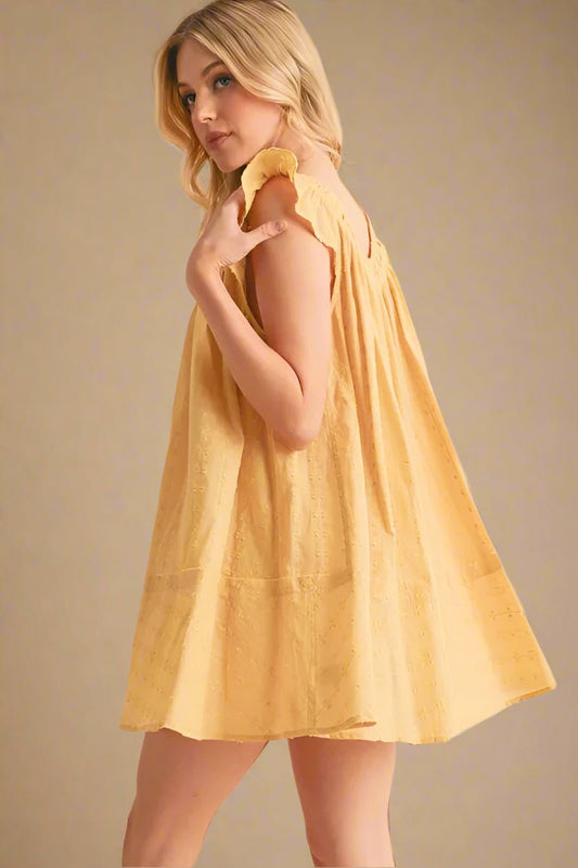 AEMI+CO - Goldenrod Eyelet Ruffle Sleeve Babydoll Mini Dress