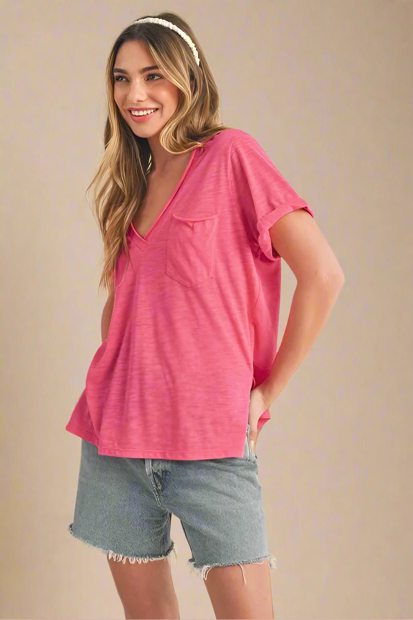 AEMI+CO - Hot Pink V - Neck Pocket Tee
