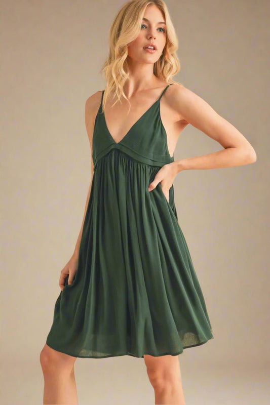 AEMI+CO - Hunter Green V - Neck Babydoll Mini Dress