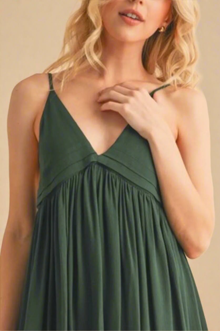 AEMI+CO - Hunter Green V - Neck Babydoll Mini Dress