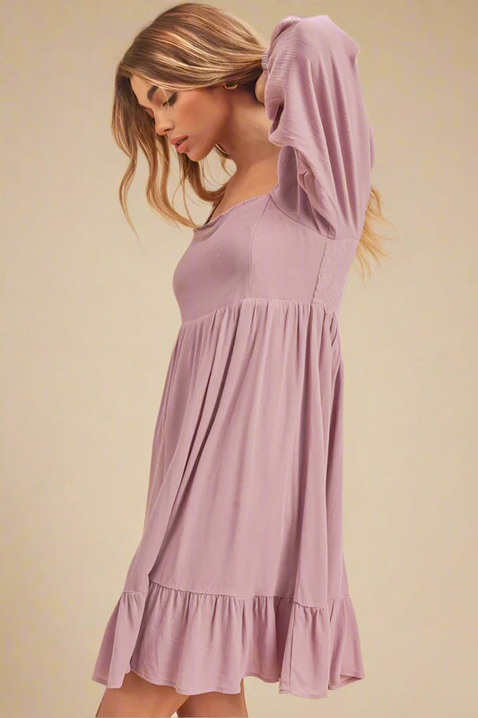 AEMI+CO - Lavender Puff Sleeve Ruffle Mini Dress