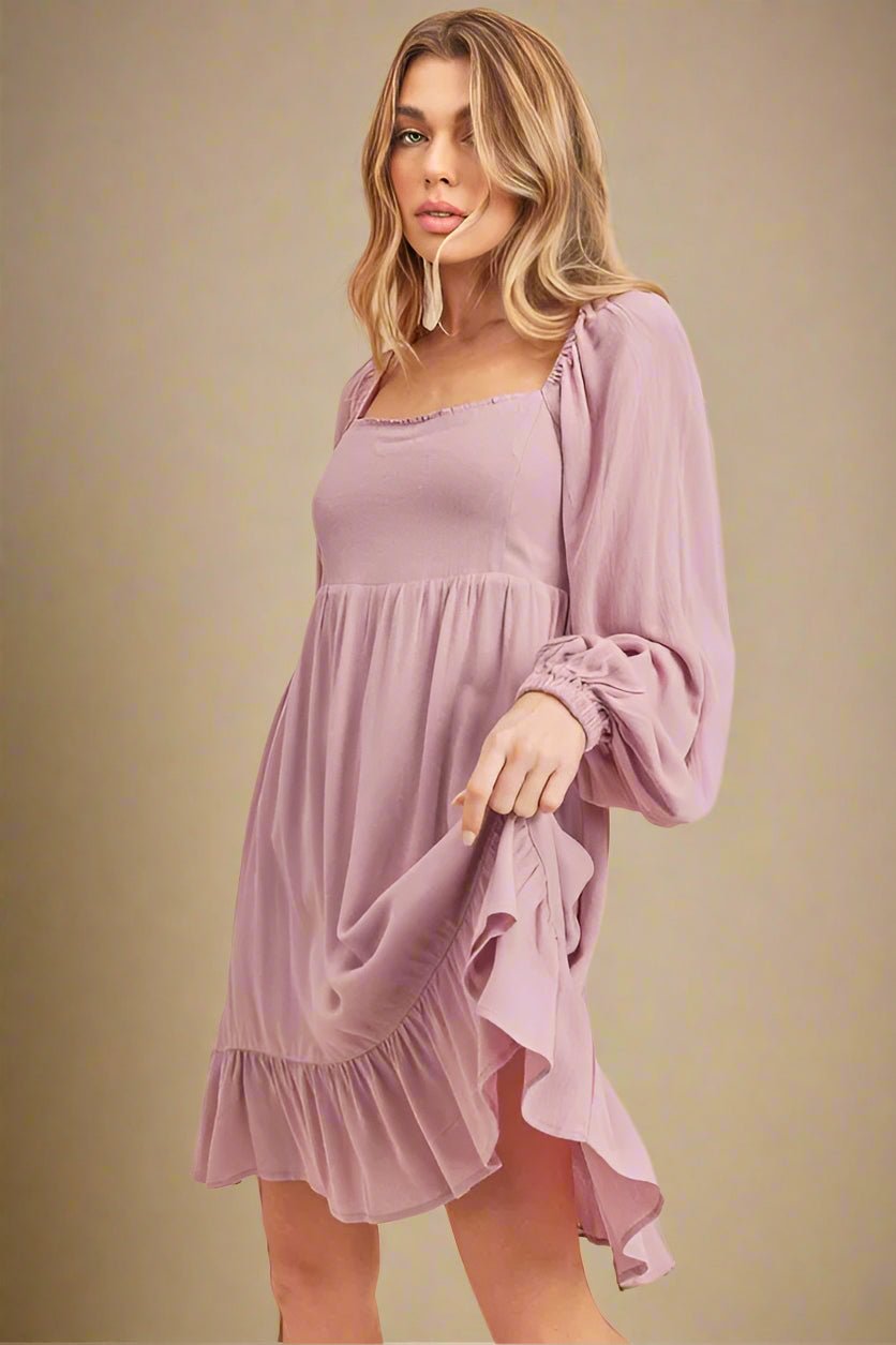 AEMI+CO - Lavender Puff Sleeve Ruffle Mini Dress