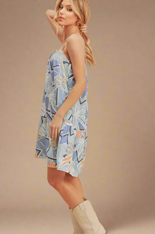 AEMI+CO - Light Blue Geo Floral Tiered Mini Dress