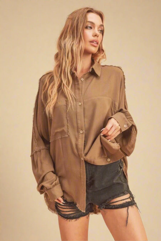 AEMI+CO - Mocha Frayed Oversized Button Down Shirt